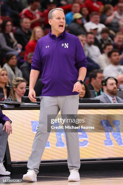 Head coach Chris Collins of the Northwestern Wildcats reacts against the Penn State Nittany Lions during overtime in the quarterfinals of the Big Ten...