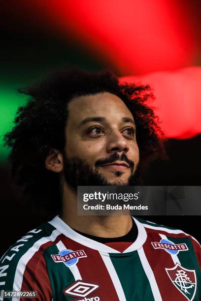 Brazilian defender Marcelo looks on during his presentation as new player of Fluminense at Maracana Stadium on March 10, 2023 in Rio de Janeiro,...