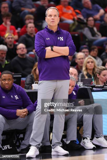 Head coach Chris Collins of the Northwestern Wildcats looks on against the Penn State Nittany Lions during the second half in the quarterfinals of...