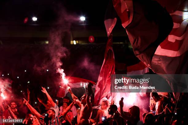 Fans cheer on the stands during the presentation of Marcelo as new player of Fluminense at Maracana Stadium on March 10, 2023 in Rio de Janeiro,...