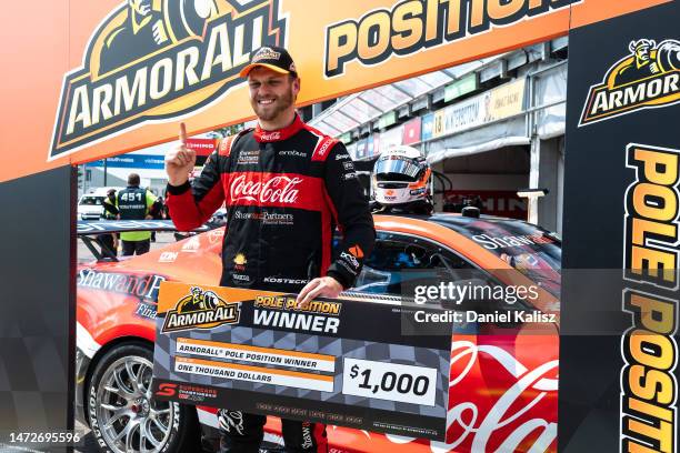 Brodie Kostecki drives the Coca-Cola Racing by Erebus Chevrolet Camaro celebrates after taking pole position for race 1, part of the 2023 Supercars...