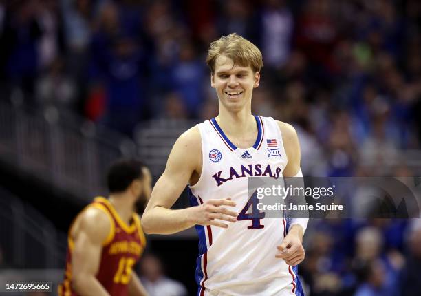 Gradey Dick of the Kansas Jayhawks reacts after making a three-pointer during the Big 12 Tournament game against the Iowa State Cyclones at T-Mobile...