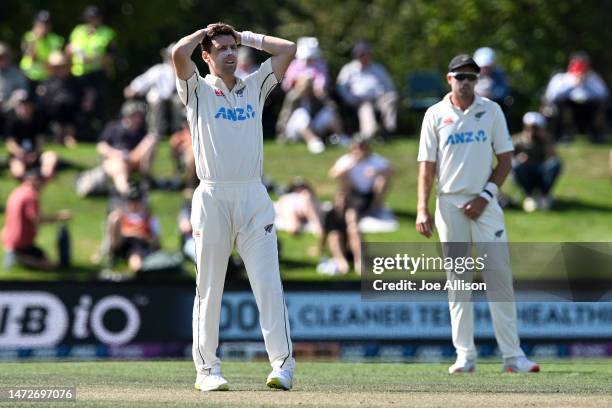 Matt Henry of New Zealand reacts during day three of the First Test match in the series between New Zealand and Sri Lanka at Hagley Oval on March 11,...