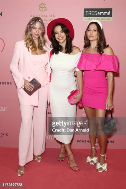 Georgia, Charlotte and Kate Connick attend Chandon Ladies Day at Rosehill Gardens on March 11, 2023 in Sydney, Australia.