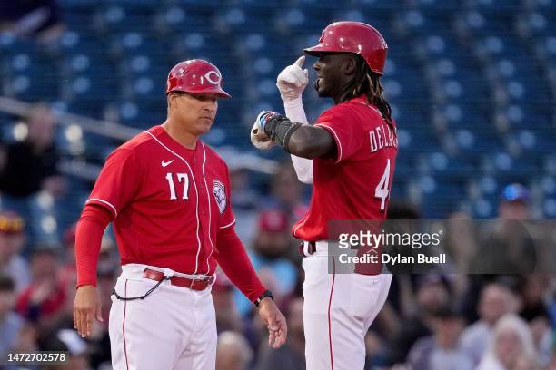 Elly De La Cruz of the Cincinnati Reds celebrates after hitting a triple in the first inning against the Arizona Diamondbacks during a spring...