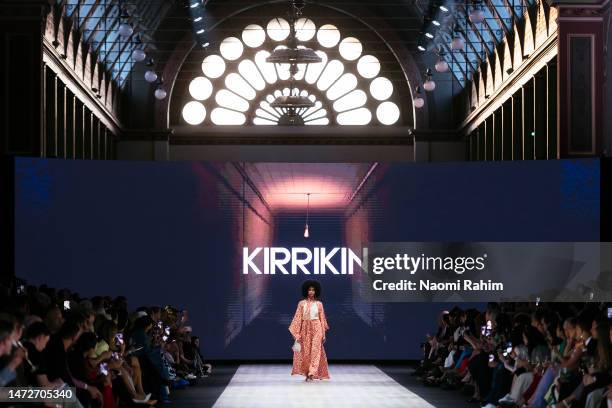 Model showcases designs by Kirrikin during the Suit Up Runway at Melbourne Fashion Festival on March 10, 2023 in Melbourne, Australia.