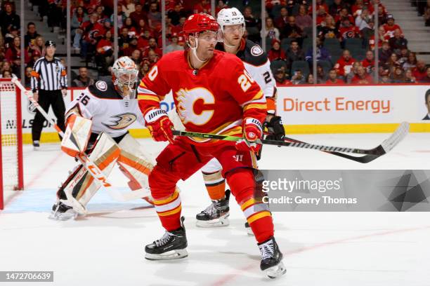Blake Coleman of the Calgary Flames skates against the Anaheim Ducks at Scotiabank Saddledome on March 10, 2023 in Calgary, Alberta.
