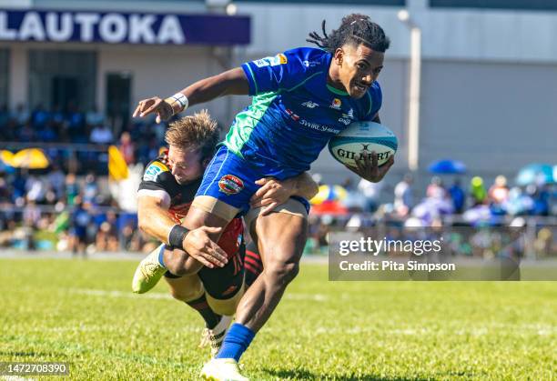 Salestino Ravutaumada during the round three Super Rugby Pacific match between Fiji Drua and Crusaders at Churchill Park, on March 11 in Lautoka,...