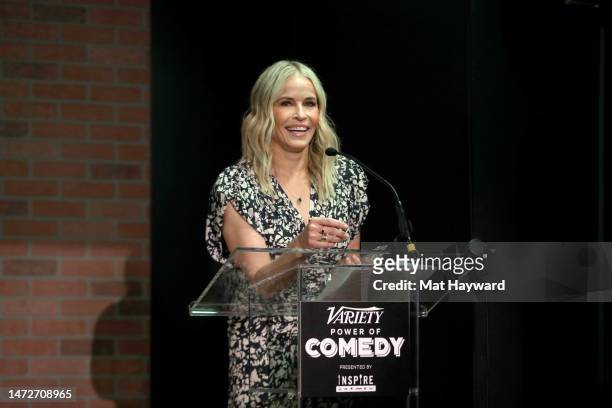 Chelsea Handler speaks onstage during Variety Power of Comedy Presented By Inspire Brands at The Creek and The Cave on March 10, 2023 in Austin,...
