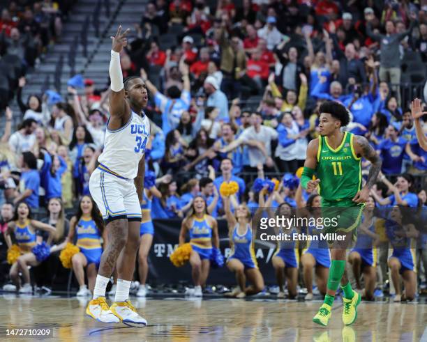David Singleton of the UCLA Bruins reacts after hitting a 3-pointer against the Oregon Ducks in the second half of a semifinal game of the Pac-12...