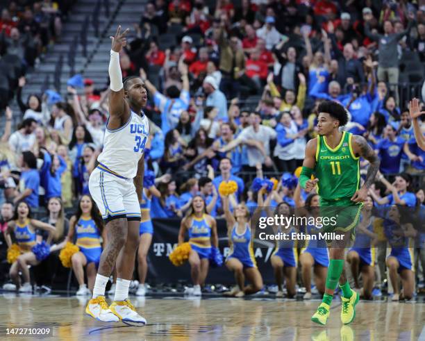 David Singleton of the UCLA Bruins reacts after hitting a 3-pointer against the Oregon Ducks in the second half of a semifinal game of the Pac-12...