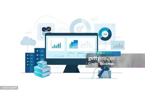 business analyse, winzige zeichen auf riesigem monitor mit diagrammen. - computer system diagram stock-grafiken, -clipart, -cartoons und -symbole