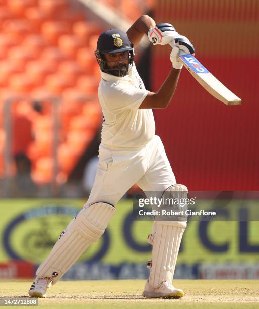 Rohit Sharma of India hits out during day three of the Fourth Test match in the series between India and Australia at Narendra Modi Stadium on March...