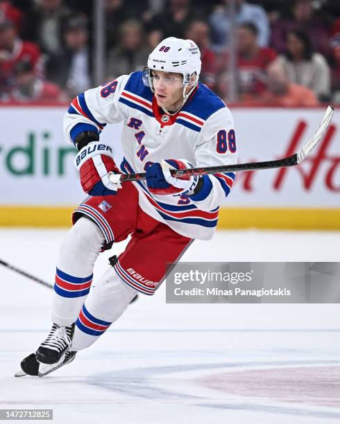 Patrick Kane of the New York Rangers skates during the first period against the Montreal Canadiens at Centre Bell on March 9, 2023 in Montreal,...