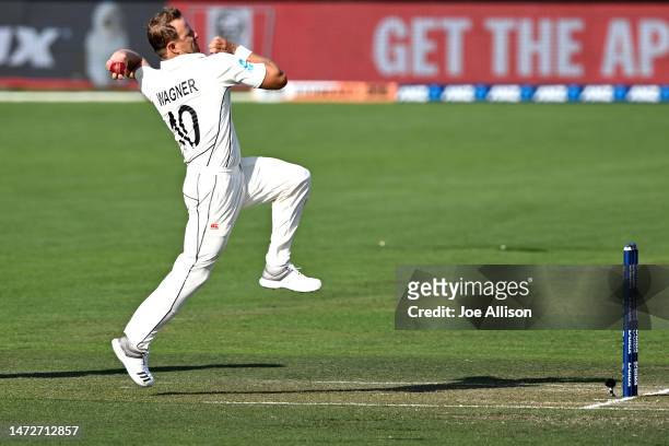 Neil Wagner of New Zealand bowls during day three of the First Test match in the series between New Zealand and Sri Lanka at Hagley Oval on March 11,...