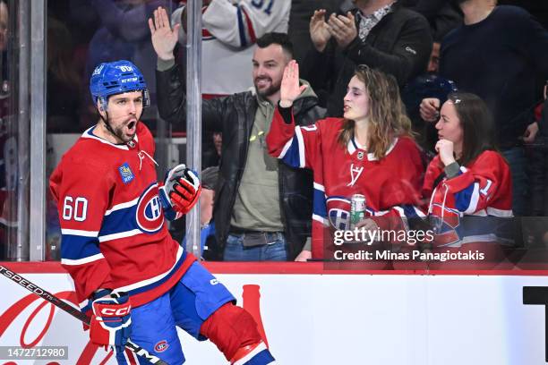 Alex Belzile of the Montreal Canadiens celebrates his goal during the first period against the New York Rangers at Centre Bell on March 9, 2023 in...