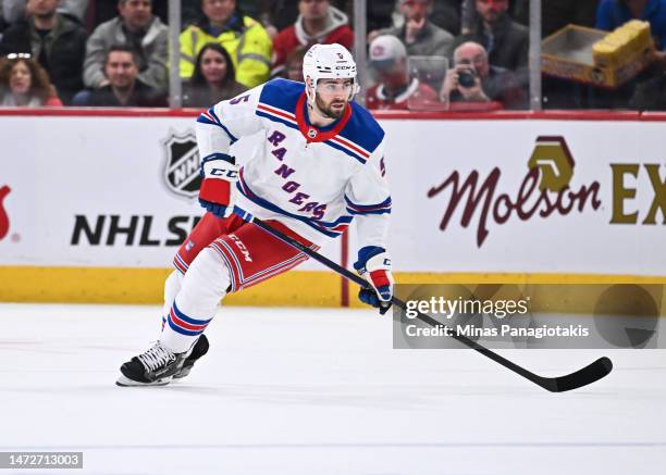 Ben Harpur of the New York Rangers skates during the first period against the Montreal Canadiens at Centre Bell on March 9, 2023 in Montreal, Quebec,...