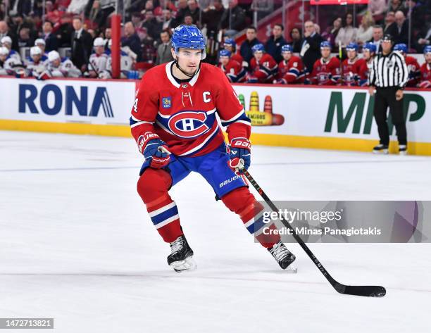 Nick Suzuki of the Montreal Canadiens skates during the second period against the New York Rangers at Centre Bell on March 9, 2023 in Montreal,...