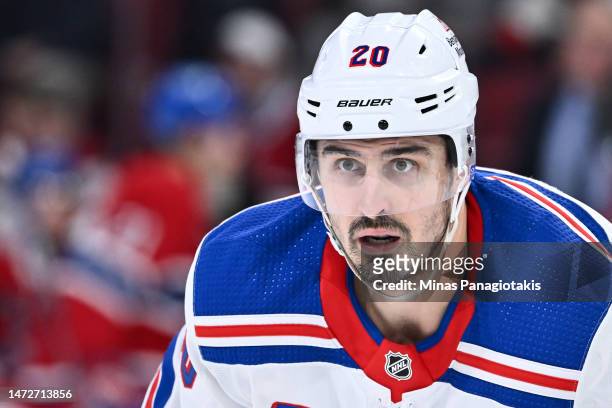 Chris Kreider of the New York Rangers skates during the third period against the Montreal Canadiens at Centre Bell on March 9, 2023 in Montreal,...