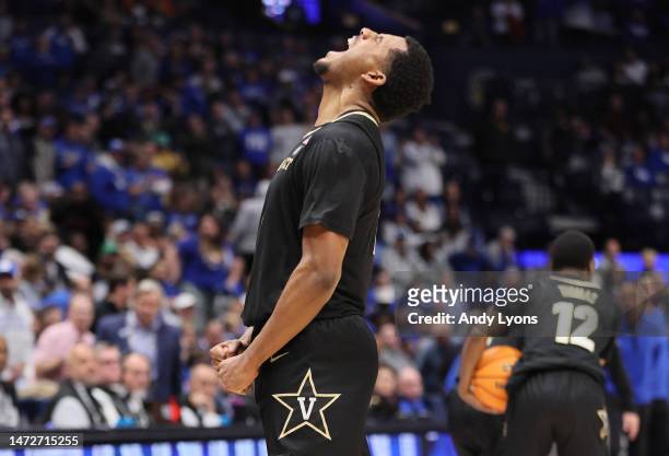 Jordan Wright of the Vanderbilt Commodores celebrates after the 80-73 win over the Kentucky Wildcats during the quarterfinals of the 2023 SEC...