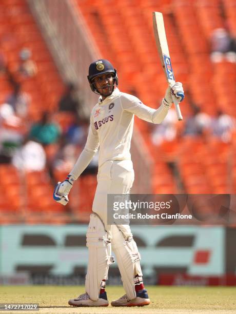 Shubman Gill of India celebrates after scoring his half century during day three of the Fourth Test match in the series between India and Australia...
