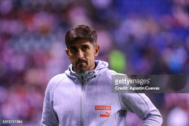 Veljko Paunovic, coach of Chivas looks on during the 11th round match between Puebla and Chivas as part of the Torneo Clausura 2023 Liga MX at...