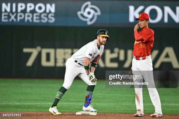 Aaron Whitefield of Team Australia RBI hit a double to make it 2-8 in the fourth inning during the World Baseball Classic Pool B game between China...
