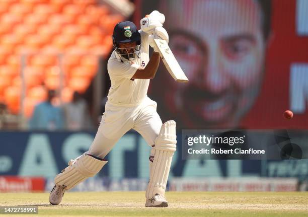 Cheteshwar Pujara of India bats during day three of the Fourth Test match in the series between India and Australia at Narendra Modi Stadium on March...