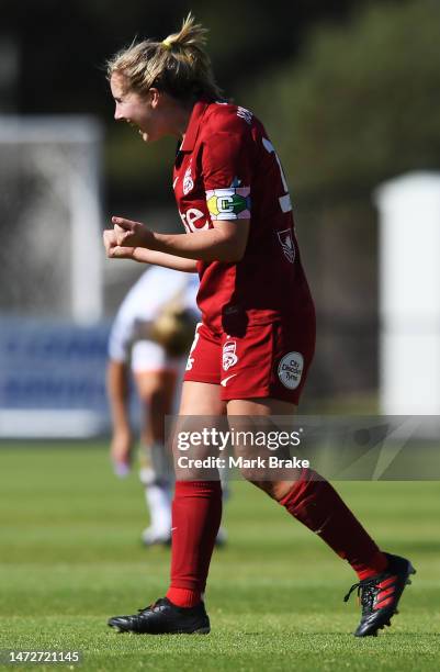 Dylan Holmes of Adelaide United celebrates the final whistle during the round 17 A-League Women's match between Adelaide United and Perth Glory at...