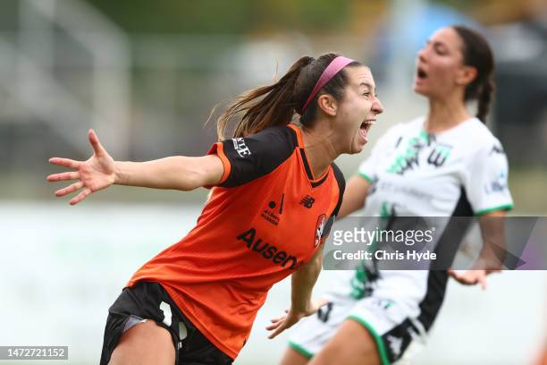 Shea Connors of the Roar celebrates after scoring a goalduring the round 17 A-League Women's match between Brisbane Roar and Western United at Perry...