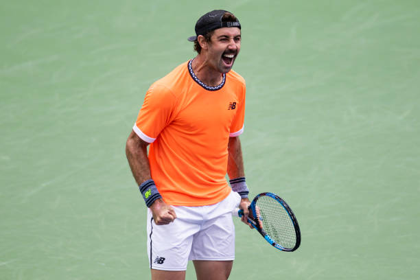Jordan Thompson of Australia celebrates his victory over Stefanos Tsitsipas of Greece in the second round of the BNP Paribas Open on March 10, 2023...