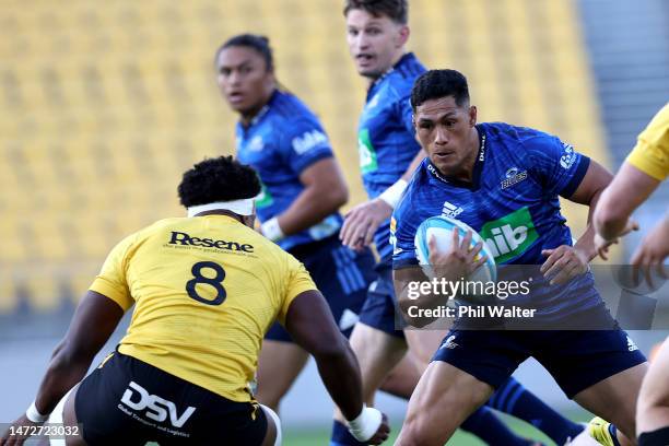 Roger Tuivasa-Sheck of the Blues during the round three Super Rugby Pacific match between Hurricanes and Blues at Sky Stadium, on March 11 in...