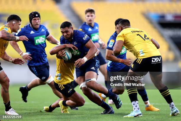 Cameron Suafoa of the Blues during the round three Super Rugby Pacific match between Hurricanes and Blues at Sky Stadium, on March 11 in Wellington,...