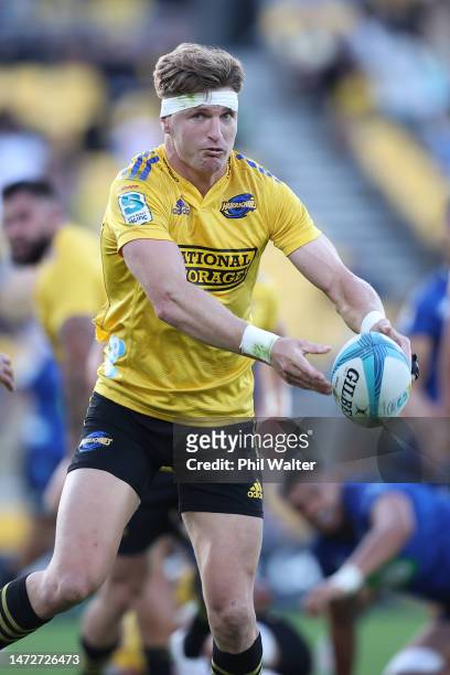 Jordie Barrett of the Hurricanes passes during the round three Super Rugby Pacific match between Hurricanes and Blues at Sky Stadium, on March 11 in...