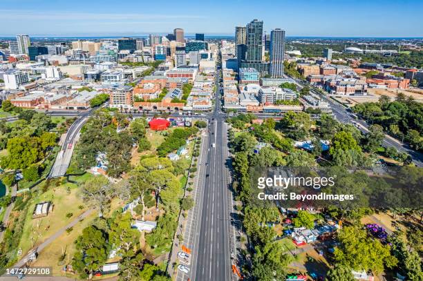 aerial view city of adelaide eastside and cbd in morning with fringe festival venues in the public parklands in kaurna country - adelaide aerial stock pictures, royalty-free photos & images