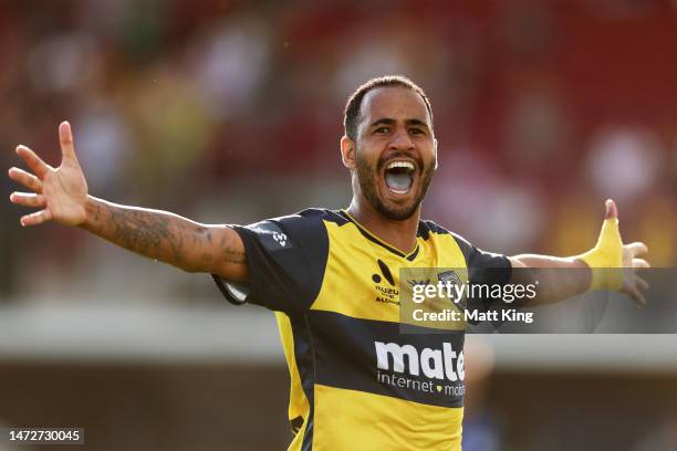 Marco Túlio of the Mariners celebrates scoring a goal during the round 20 A-League Men's match between Central Coast Mariners and Macarthur FC at...