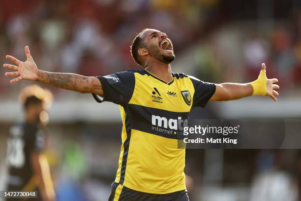 Marco Túlio of the Mariners celebrates scoring a goal during the round 20 A-League Men's match between Central Coast Mariners and Macarthur FC at...