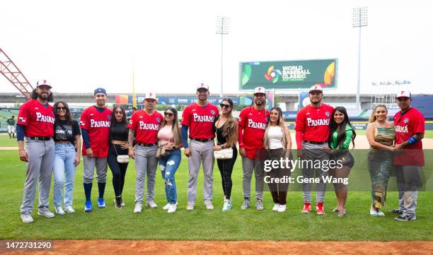 Rubén Tejada,Allen Córdoba, Jonathan Araúz, Christian Bethancourt pose during the World Baseball Classic Pool A game between Panama and Italy at...