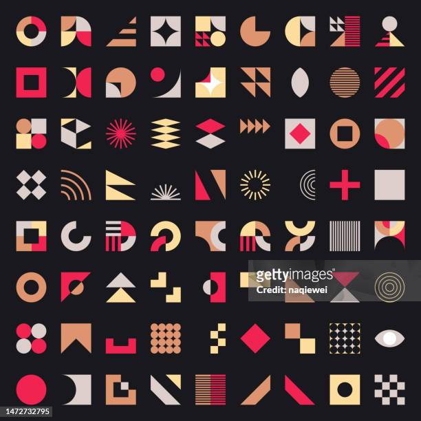 vector set of colors minimalism geometric bauhaus style simple symbol design elements in black background - baumhaus stock illustrations