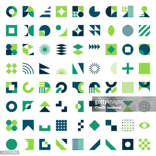 vektorsatz aus grünem minimalismus geometrischen bauhaus-stil symbol-design-elemente in weißem hintergrund - v form stock-grafiken, -clipart, -cartoons und -symbole