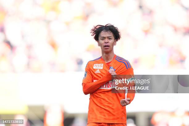 Ryotaro ITO of Albirex Niigata celebrates scoring his side's first goal during the J.LEAGUE Meiji Yasuda J1 4th Sec. Match between Albirex Niigata...