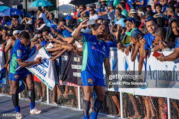 Eroni Sau with the fans during the round three Super Rugby Pacific match between Fiji Drua and Crusaders at Churchill Park, on March 11 in Lautoka,...