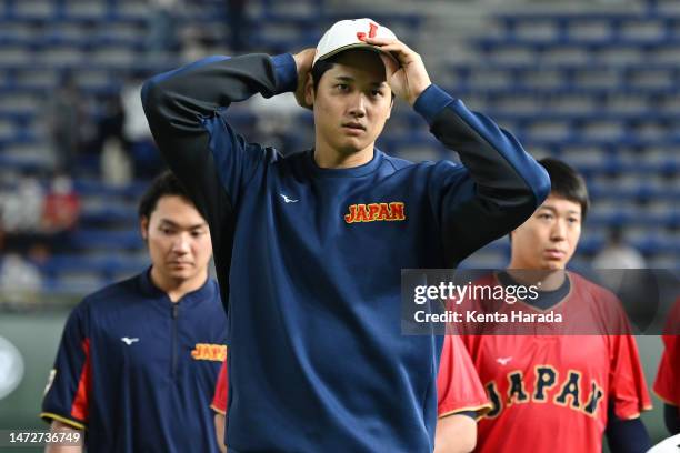 Shohei Ohtani of Japan is seen after observing a minute of silence for the victims of the Great East Japan Earthquake on the 12th anniversary prior...