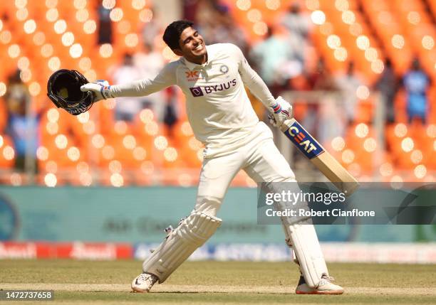 Shubman Gill of India celebrates after scoring his century during day three of the Fourth Test match in the series between India and Australia at...