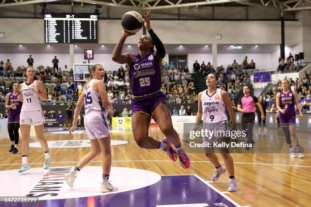 Tiffany Mitchell of the Boomers drives to the basket during game two of the WNBL Semi Final series between Melbourne Boomers and Southside Flyers at...