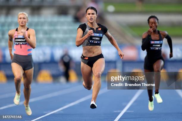 Zoe Hobbs of New Zealand competes in the Women's 100m Final during the 2023 Sydney Track Classic at Sydney Olympic Park Athletic Centre on March 11,...