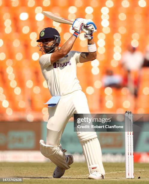 Virat Kohli of India bats during day three of the Fourth Test match in the series between India and Australia at Narendra Modi Stadium on March 11,...