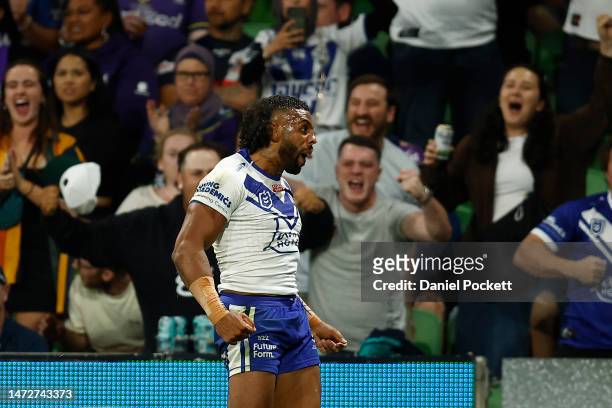 Josh Addo-Carr of the Bulldogs celebrates a try during the round two NRL match between the Melbourne Storm and Canterbury Bulldogs at AAMI Park on...