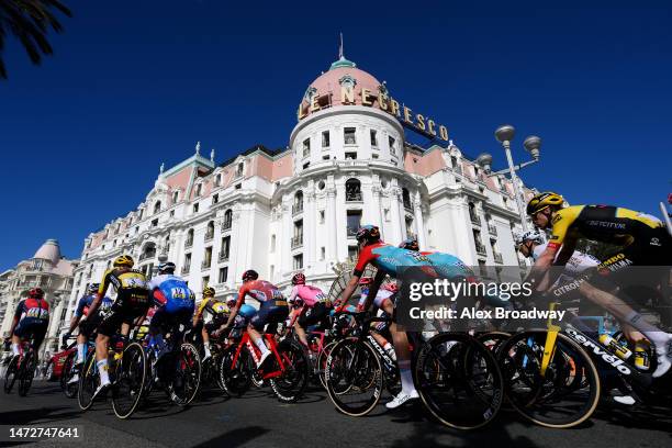 General view of the peloton passing of the hotel Le Negresco in Nice at the start of the 81st Paris - Nice 2023, Stage 7 a 142.9km stage from Nice to...