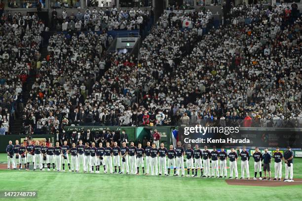 Czech Republic players line up for the national anthem prior to the World Baseball Classic Pool B game between Czech Republic and Japan at Tokyo Dome...